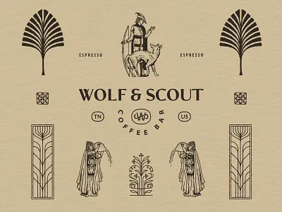 Wolf & Scout badge bar branding coffee design graphic design icon illustration logo medeival oldtimey vintage wolf