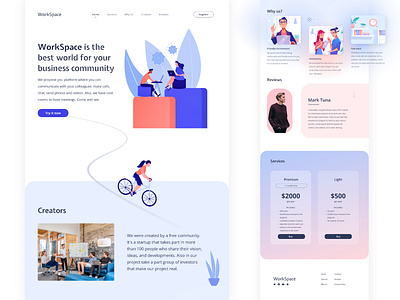 WorkSpace 3d beautiful bicycle colors community creators design environment friendly illustration platform review services typography ui ux vector website work workspace