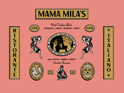 Mama Mila's art badge branding classic clipart cook deco design food graphic design greek illustration italian kitchen lettering menu restaurant typography vintage