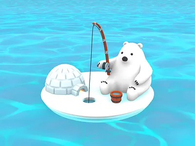 3D Fisher Polar Bear 3d 3dart 3dgraphics 3dmodeling arctic bear bucket cold concept design fishing ice igloo nft polarbear render sea snow water
