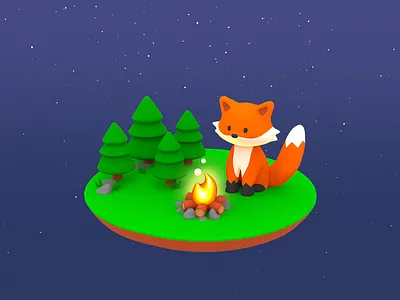 3D Fox Campfire 3d 3dart 3ddesign animal camp campfire challenge concept dark design fire forest fox modeling nft night orange render stars tail