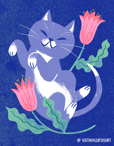 Spring Cat art artwork blue botanical illustration cat cat art cat illustration digital art digital illustration digital painting illo illustration procreate spring