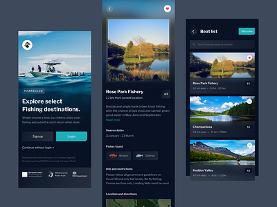 Fishing Exploration Mobile App app app development application art brand branding clean dark theme fish fishing fishing app fishing app design icons location minimal mobile mobile app nature product ux