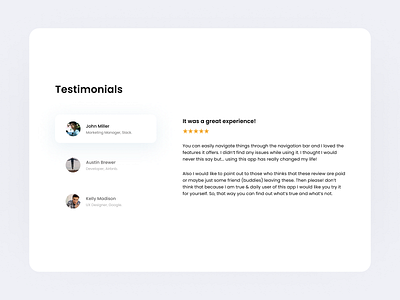 Testimonials Section v.1 - Website UI UX Design appdesign appuiux branding design figma fiverr freelance graphic design illustrator junioruiux landingpagedesign photoshop remote testimonials ui uiuxdesigner upwork ux web design webuiux