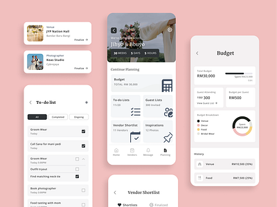 Wedding Planner App UI Design budget calculator design illustration mobile app to do list ui ui component wedding app wedding planner wedding vendor