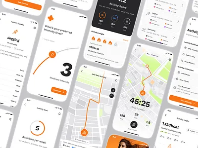 sandow v2: AI Fitness & Nutrition App | Activity Tracker Flow UI activity monitor activity tracker activity ui ai fitness app clean figma ui kit fitness companion app fitness mobile app fitness ui kit gps ui jogging app jogging route minimal modern orange personalized fitness smart fitness smart workout wellness app workout app