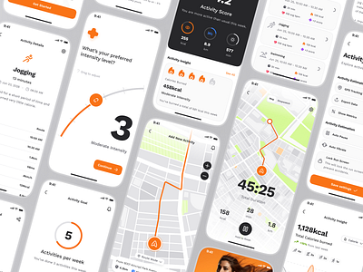 sandow v2: AI Fitness & Nutrition App | Activity Tracker Flow UI activity monitor activity tracker activity ui ai fitness app clean figma ui kit fitness companion app fitness mobile app fitness ui kit gps ui jogging app jogging route minimal modern orange personalized fitness smart fitness smart workout wellness app workout app
