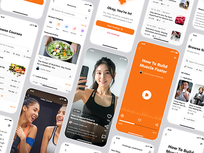 sandow v2: AI Fitness & Nutrition App | Workout Resource UI ai fitness app ai workout app blog app clean coaching app figma ui kit fitness blog fitness course fitness mobile app fitness resource fitness ui kit minimal modern orange personalized fitness reel ui smart fitness smart workout wellness app workout app