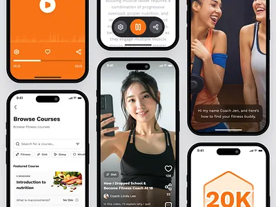 sandow v2: AI Fitness & Nutrition App | Workout Course Video UI ai fitness app clean coaching app figma ui kit fitness course fitness mobile app fitness podcast fitness reel ui fitness resource fitness ui kit minimal modern orange personalized fitness podcast app smart fitness smart workout video reel ui wellness app workout app