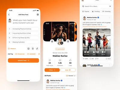 sandow v3: AI Fitness & Nutrition App | Social Media Post & Flow ai fitness app clean coaching app community ui figma ui kit fitness community fitness mobile app fitness social media minimal modern nutrition app orange personalized fitness smart fitness smart workout social media app social media post social media profile social media ui workout app