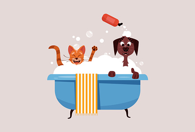 Pets in shower animals bath branding bubbles cat character color cute dog grooming illustration illustrator logo personage pets shower