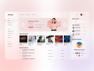 Podcast Dashboard Design - Glass UI clean dashboard dashboard ui dribbble20222 glass ui glassmorphysm live streaming minimal modern ui design music podcast dashboard teamuininja