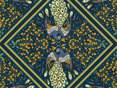 Peacock and Flowers - Illustration for Scarf animals badge design bandana blue branding dark blue design distressed fauna flowers graphic design hand drawn illustration jungle pantone peacock procreate retro scarf vintage