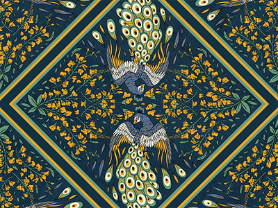 Peacock and Flowers - Illustration for Scarf animals badge design bandana blue branding dark blue design distressed fauna flowers graphic design hand drawn illustration jungle pantone peacock procreate retro scarf vintage