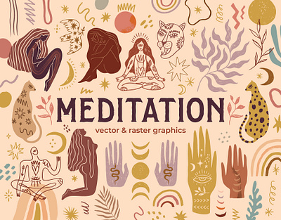 Meditation Bundle abstract astrology beauty boho branding bundle design girl illustration logo meditation modern moon child moonchild spa vector wellness woman yoga