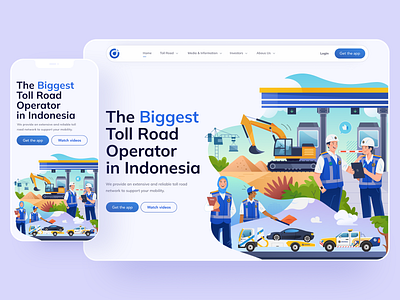 Toll Road Operator Landing Page Design colorful construction design employe gradient illustration indonesia landing landing page operator page people road toll ui ux vector website