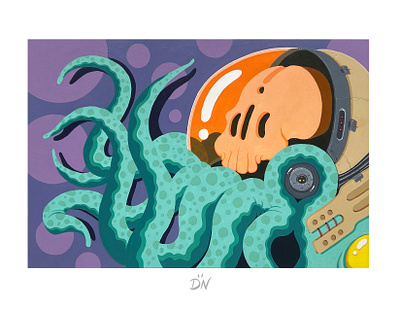 The Wriggler acrylic art creature helmet illustration painting skull space surreal tentacles