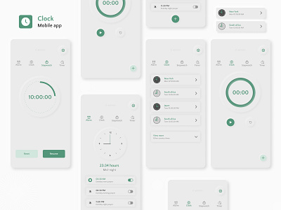 Mobile Clock App ( Neomorphic / embossed design ) app clock design embossed figma green neomorphic prototype stopwatch timer ui ux watch white