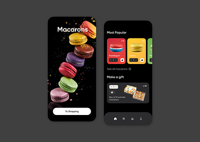 Macarons app concept app appdesign biscuit candy colors concept cookies darkmode design ios macaroni minimalism online shop store sweets ui uiux ux