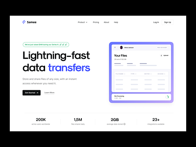 Samee | File Sharing Platform blue gradient cloud file manager file processing file sharing file storage folder landing hero landing page product design receive file saas brand saas hero transfer file uidesigner upload file uxui webdesign