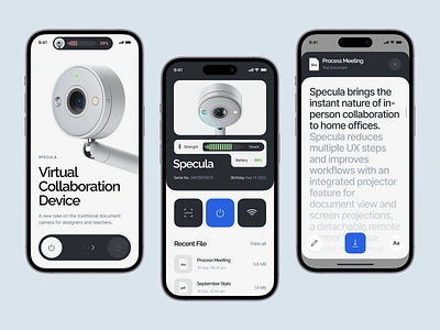 Virtual Collaboration Device App Concept camera concept control design device document exploration imterface iphone 14 lamp minimal mobile app product projector remote scanner smartapp technology ui ux