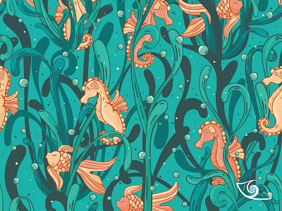 Cute underwater seahorse & fish in seaweed pattern 人◕ ‿‿ ◕人｡༅･ﾟ affinity designer bubbles cute daily design fish flat illustration green illustration ocean pattern sea creatures seahorse seamless pattern seaweed stock underwater vector vector illustration