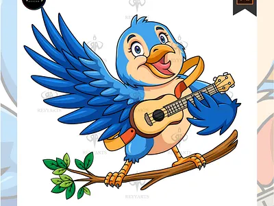 Cute blue bird cartoon singing while playing guitar. artwork bird blue branch branding cartoon character cute design guitar illustration mascot playing vector