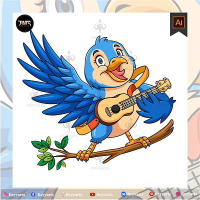 Cute blue bird cartoon singing while playing guitar. artwork bird blue branch branding cartoon character cute design guitar illustration mascot playing vector