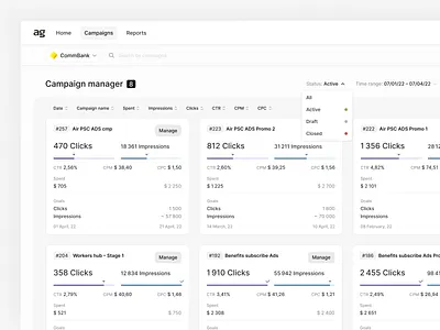 Campaign Manager – Cards View ads app campaign cards desktop dropdown filters interface light stats ux