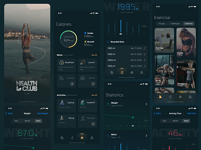 Health Club - Fitness tracker athlete calorie meter calories charts dark app fit fitness fitness app gym health loose weight meals tracker mobile app muscle sports app tracker ui workout workout app workout trainer