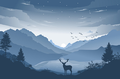 Mountain landscape with deer and river illustration flat design animation branding design graphic design illustration vector