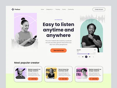 Podcast Platform - Website audio clean design header landing page minimal music pastel platform podcast podcast website podcasting simple ui ui design uiux website whitespace