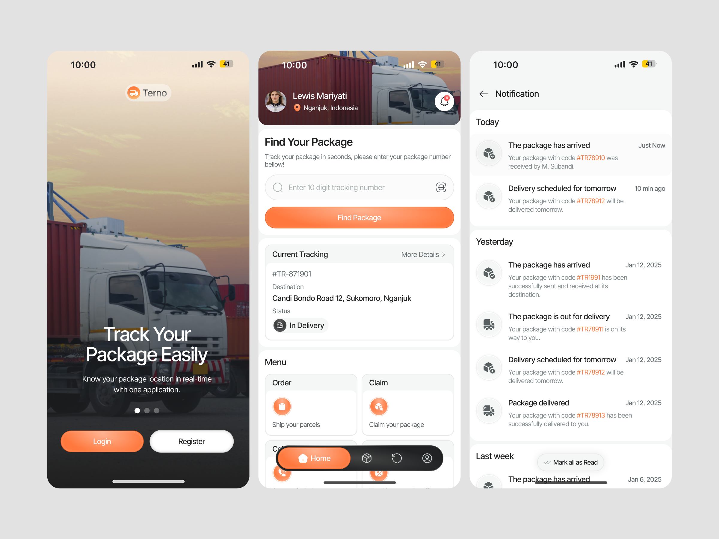 Terno - Logistic Mobile Apps branding clean ui design find package graphic design logistic logistic mobile app mobile app mobile app design notification package mobile app real time notification shipping shipping mobile app shipping order typography ui ui design ui ux design ux