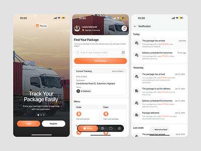 Terno - Logistic Mobile Apps branding clean ui design find package graphic design logistic logistic mobile app mobile app mobile app design notification package mobile app real time notification shipping shipping mobile app shipping order typography ui ui design ui ux design ux
