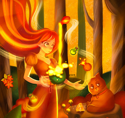 Witch and her cat baby illustration childrens cover elixir fairy tale forest magic magic in the forest potion redhead girl witch young lady young witch
