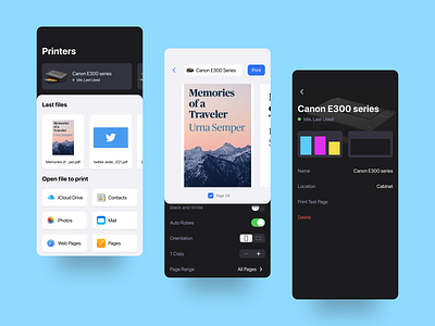Interface design for print application application black buttons canon dark design file system ink interaction interface letter a4 mobile offline print printing settings startup ui ux