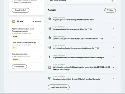 View into a client page - 3 accordion activity buttons cards desktop dropdown flat interactive labels list notes product table tags ui