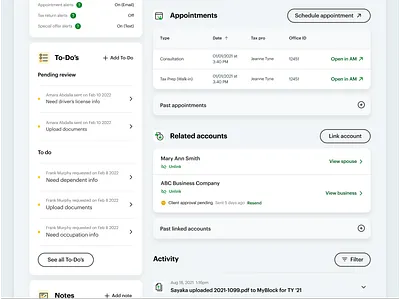View into a client page - 2 accordion accounts activity appointments card cards dashboard desktop flat interactive list notes product sort table ui