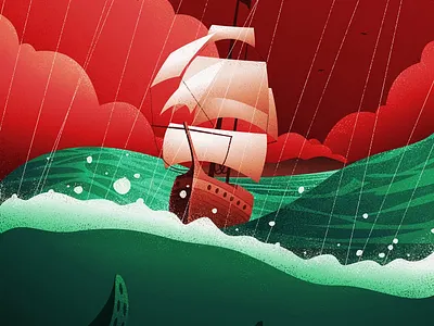 They wait beneath the waves canadian artist illustration retro sailing sea creatures sea monsters vintage yeg