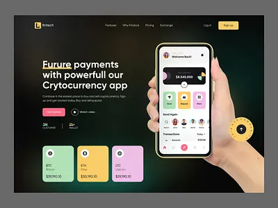 Fintech - App Landing Page 2022 app landing btc clean crypto design eth fintech landing page minimal trendy ui ui design uiux ux