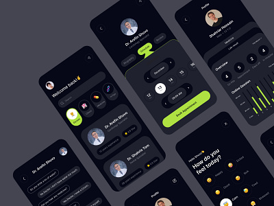 Medical Doctor App - Dark app app design black care clean dark doctor doctor app medical medical app medicine minimal mobile mobile app patient service trendy uiux