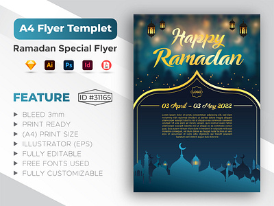 Happy Ramadan Flyer Templet, A4 Print Size. a4 flyer calligraphy celebration creative culture festival flyer flyers graphic illustration invitation islam islamic kareem lamp mosque mubarak muslim ramadan flyer ramadan mubarak