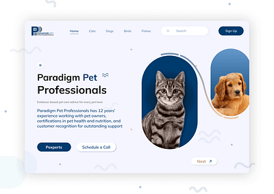 Paradigm Pet Professionals UI Design birds website cats dogs fish landing page hero section landing page pet professionals pets website simple color ui ui designing user research web design website ui websites