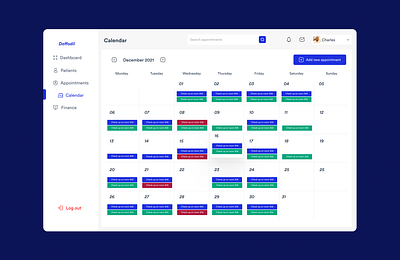 daffodil, a medical dashboard - calendar dashboard design figma health health care health tech portfolio ui design ux