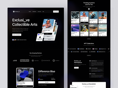 Exclusi_ve NFT Marketplace Website clean crypto cryptocurrency dark mode design landing landing page landingpage marketplace minimal nft nft landing page nft marketplace nfts ui uidesign website