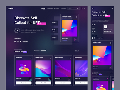 Auro - NFT Marketplace app app design bitcoin crypto design digital artwork ethereum landing page marketplace mobile app mobile responsive nft nft marketplace token ui ui design ux web app web design website