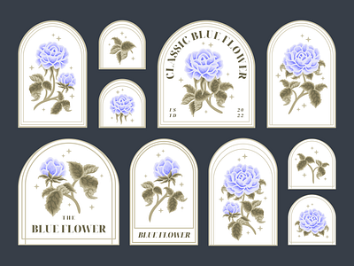 Aesthetic Blue Flower Label Elements aesthetic arch beauty blue botanical feminine floral flower flower illustration frame garden hand drawn illustration label logo nature peony rose spring winter