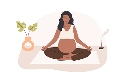 Prenatal Yoga & Meditation asian black woman exercise female flat healthy home illustration indoor meditation mindfullness modern pregnant prenatal relax sport vector wellness woman yoga