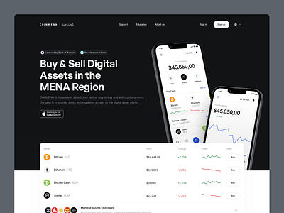 CoinMENA - Landing Page app bitcoin blockchain btc clean coinmena crypto crypto app defi ethereum exchange finance fintory hero section investments minimal ui ux wallet