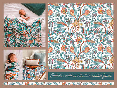 Pattern with australian native flora australia australian banksia eucalyptus fashion flora forest gum tree kids native pattern protea turquoise